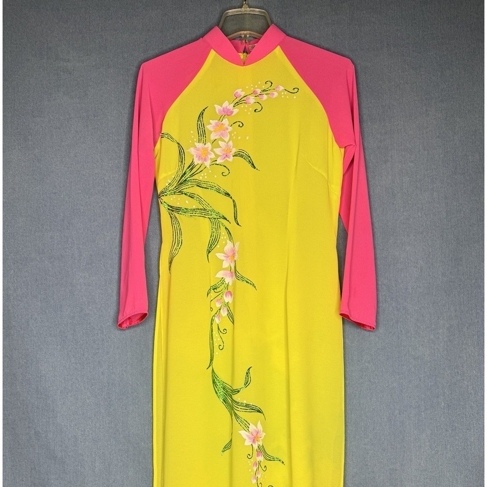 Vietnamese Long Dress- Traditional Ao Dai Yellow Floral Hand painted